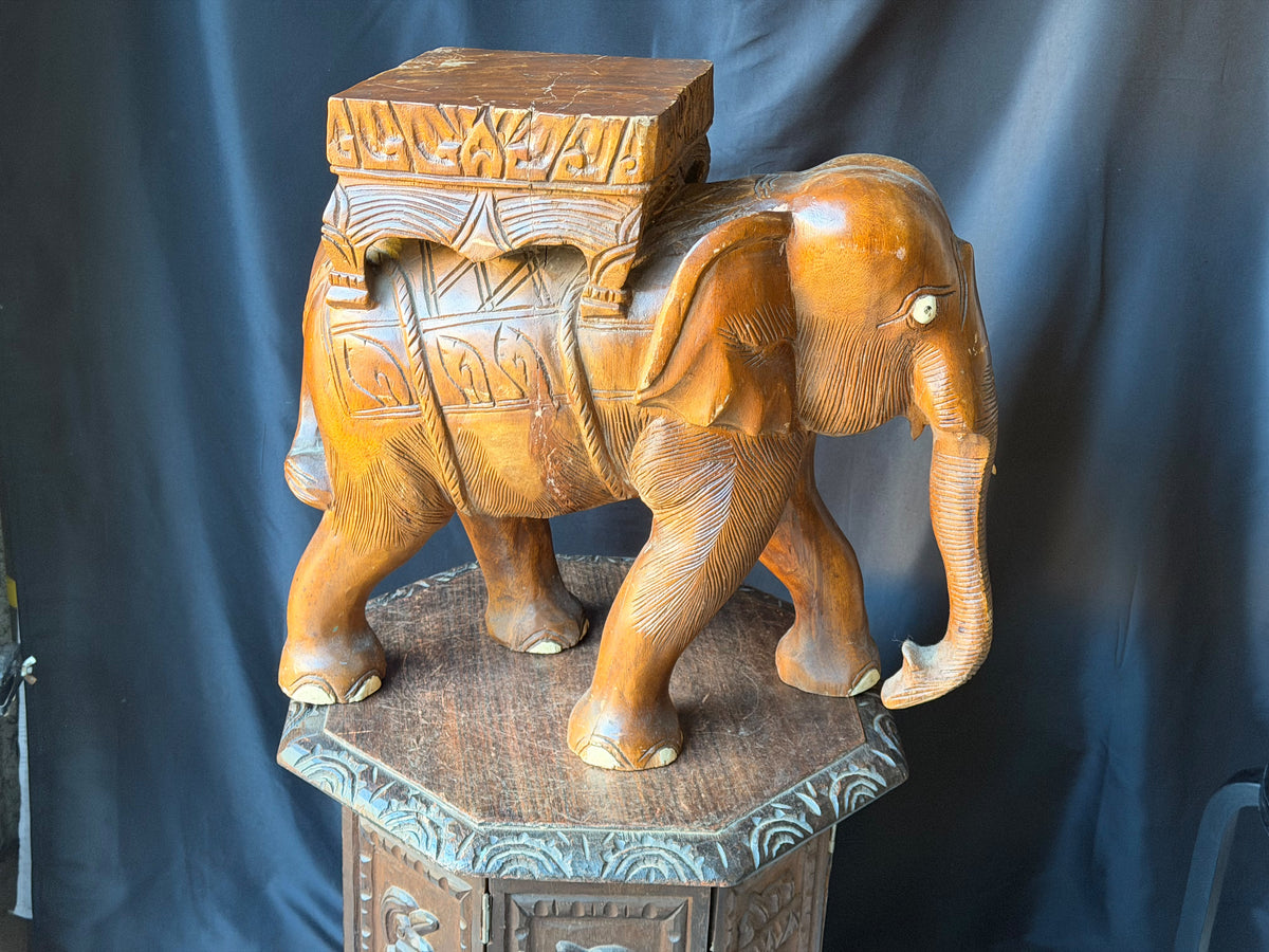 Vintage Thai Hand Carved Wood Elephant Plant Stand Side Table Stool 18 in