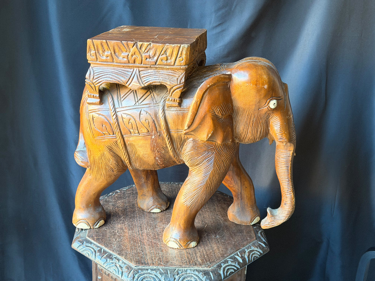 Vintage Thai Hand Carved Wood Elephant Plant Stand Side Table Stool 18 in