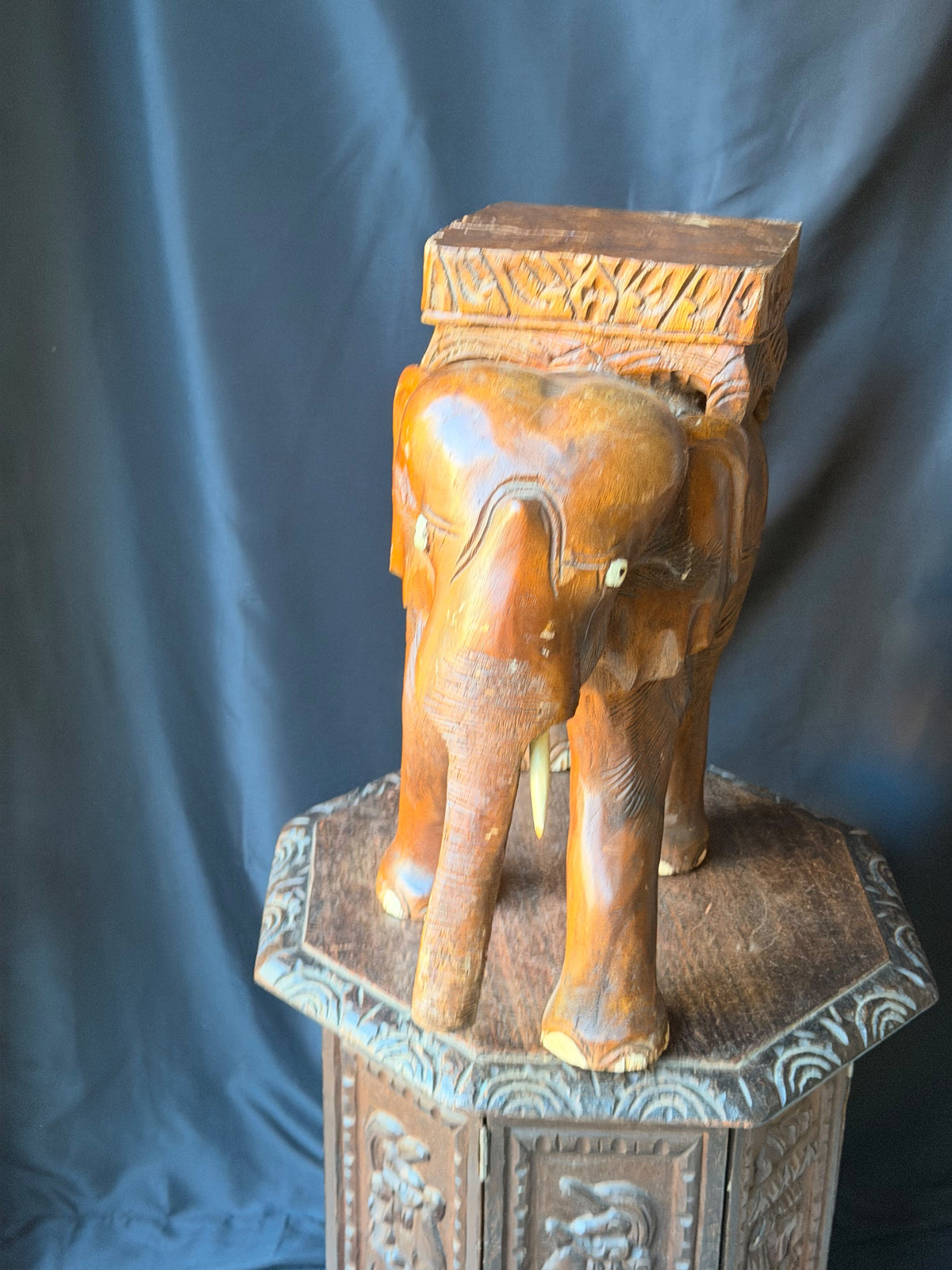 Vintage Thai Hand Carved Wood Elephant Plant Stand Side Table Stool 18 in