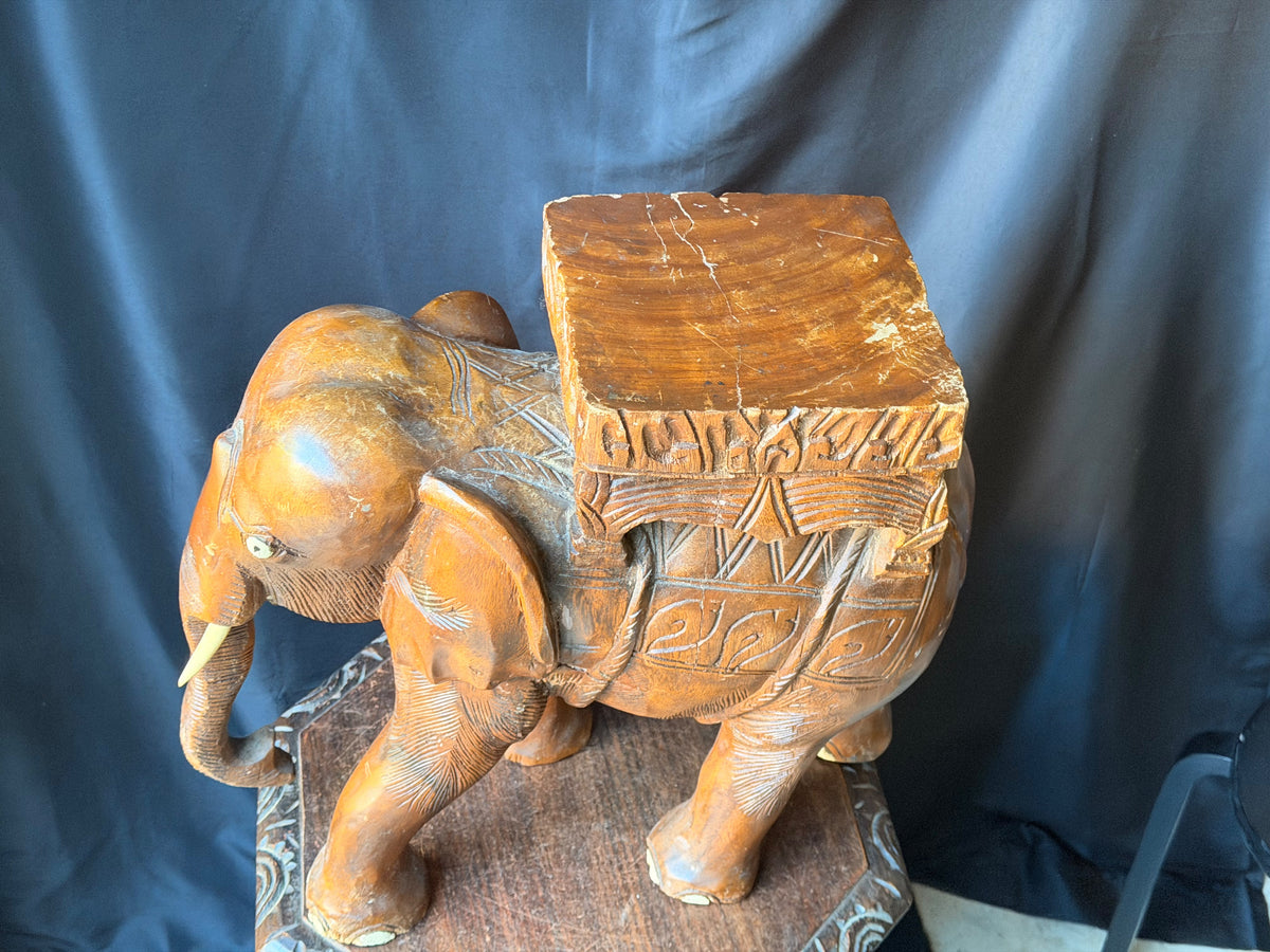 Vintage Thai Hand Carved Wood Elephant Plant Stand Side Table Stool 18 in