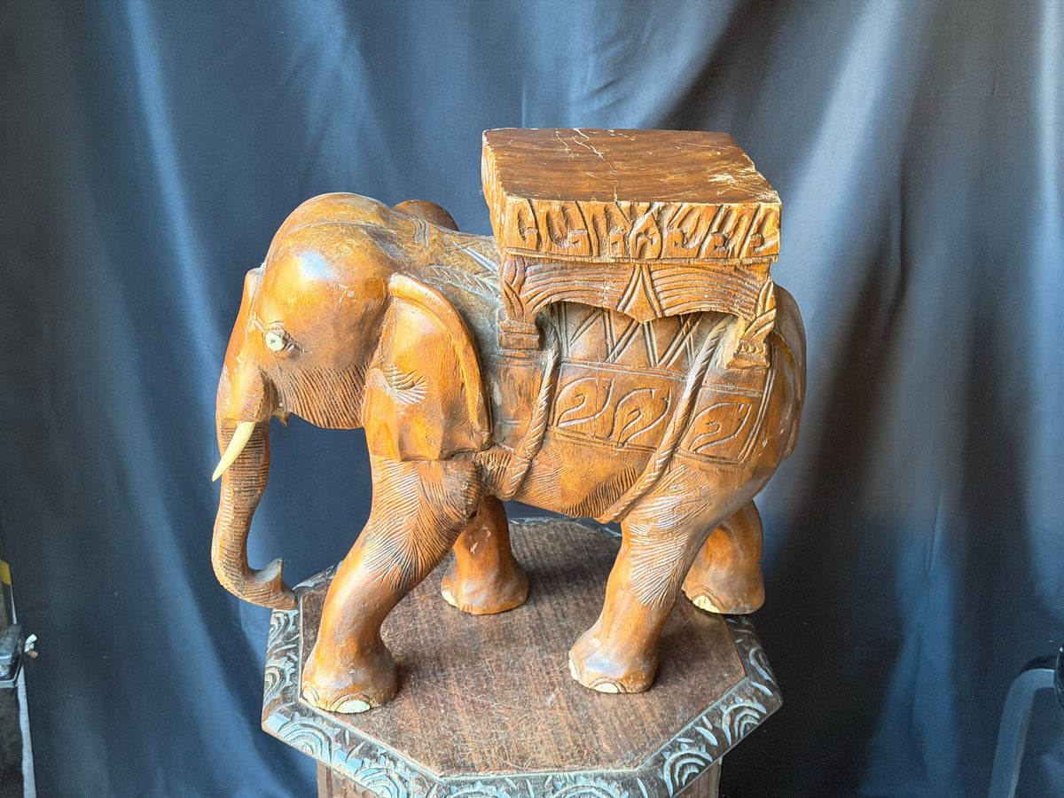 Vintage Thai Hand Carved Wood Elephant Plant Stand Side Table Stool 18 in