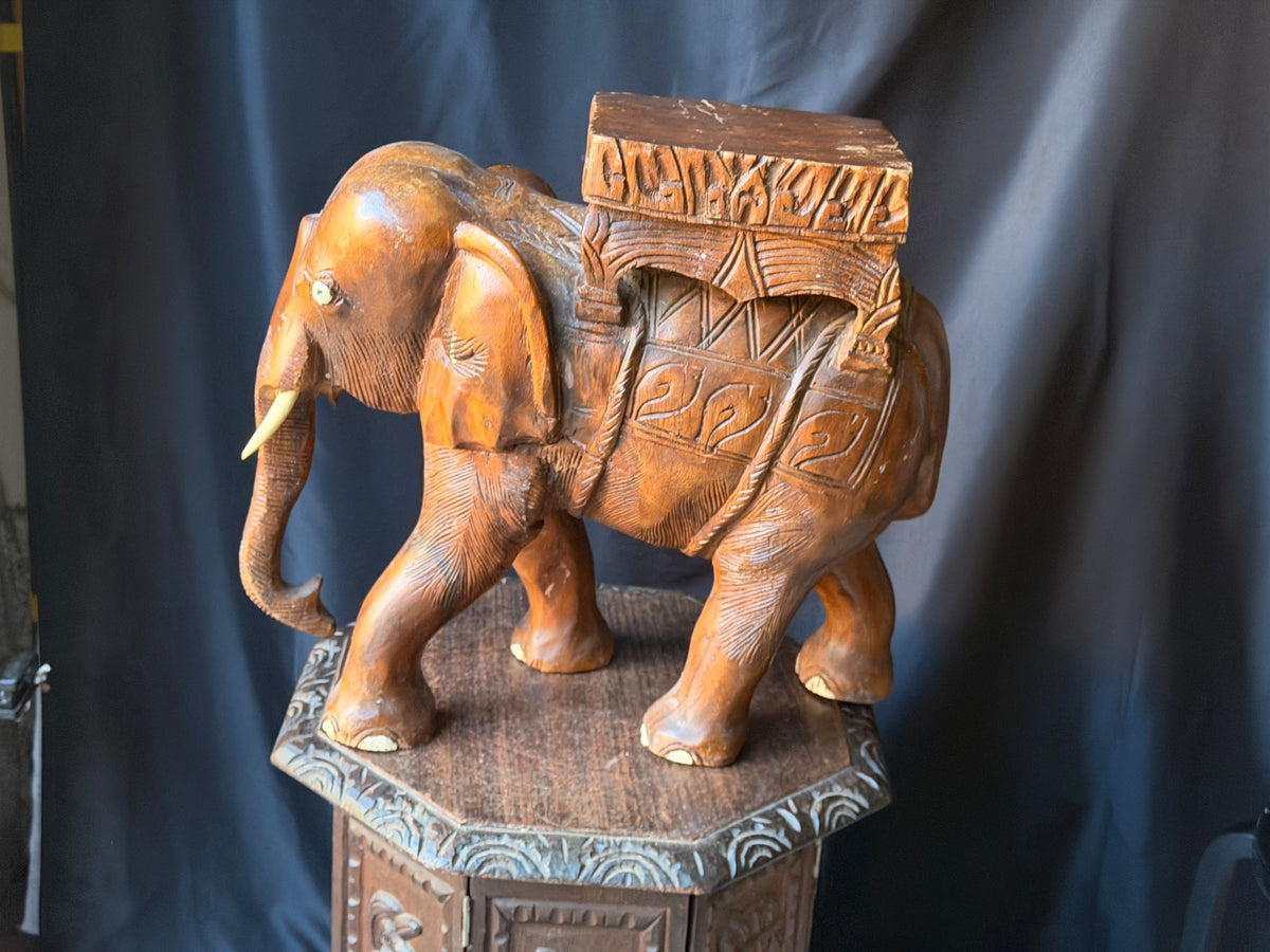 Vintage Thai Hand Carved Wood Elephant Plant Stand Side Table Stool 18 in