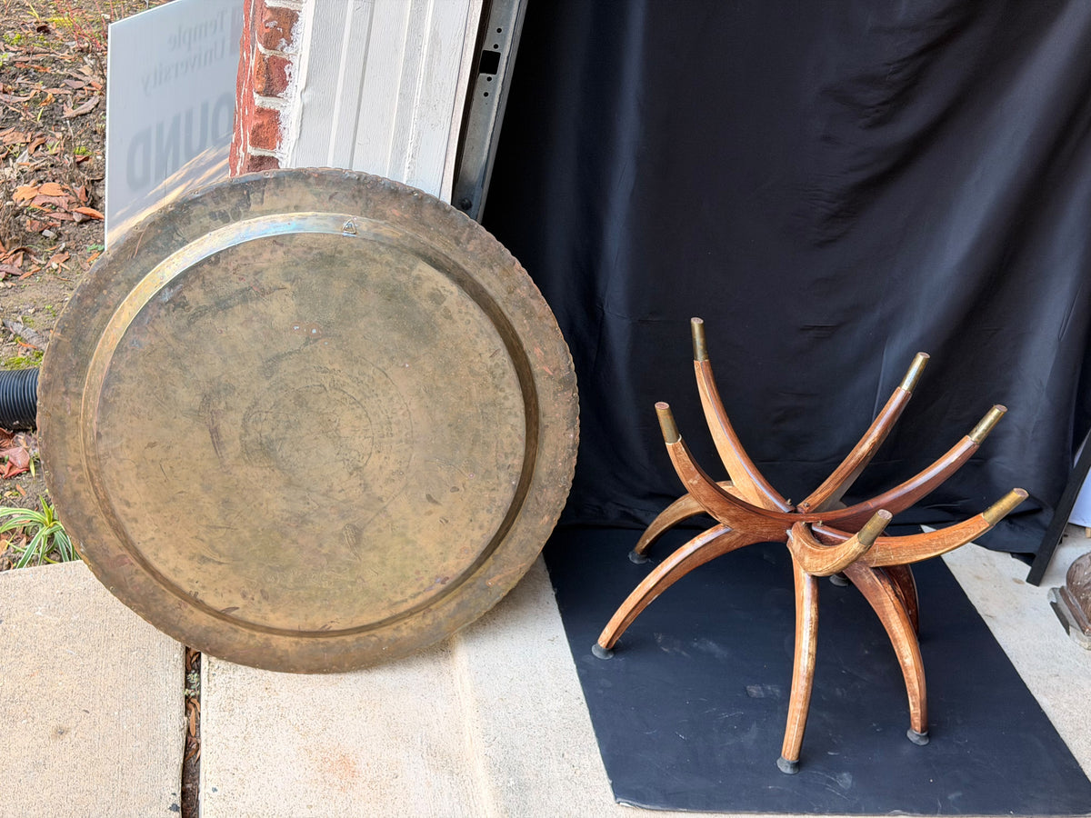 Mid Century Asian Engraved Brass Tray Table Folding Spider Leg Base Birds 30 in
