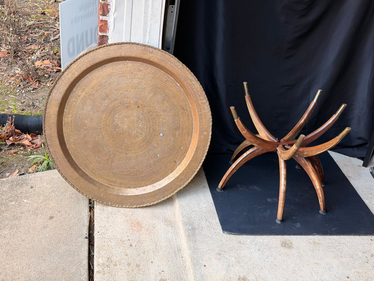 Mid Century Asian Engraved Brass Tray Table Folding Spider Leg Base Birds 30 in