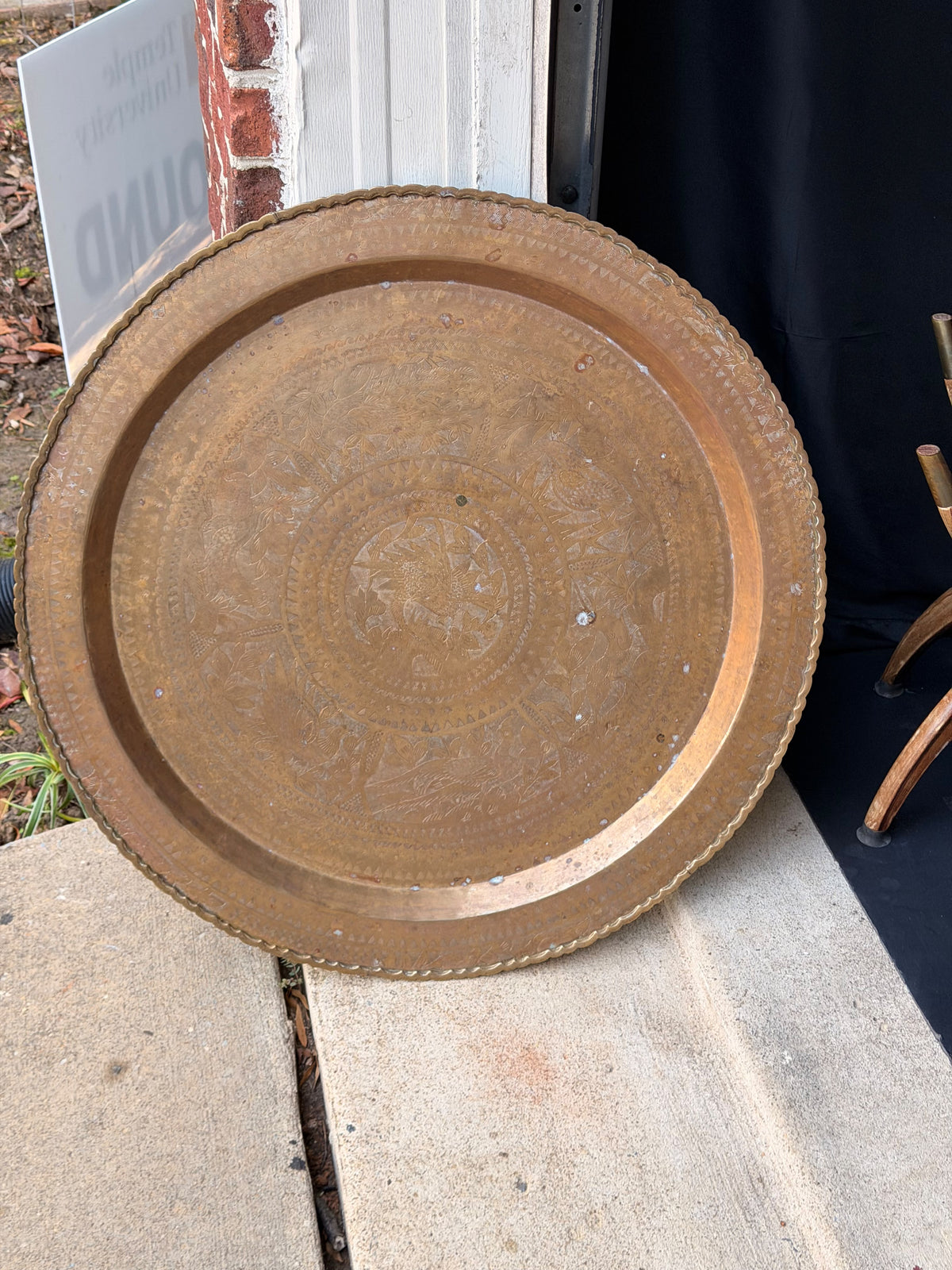 Mid Century Asian Engraved Brass Tray Table Folding Spider Leg Base Birds 30 in