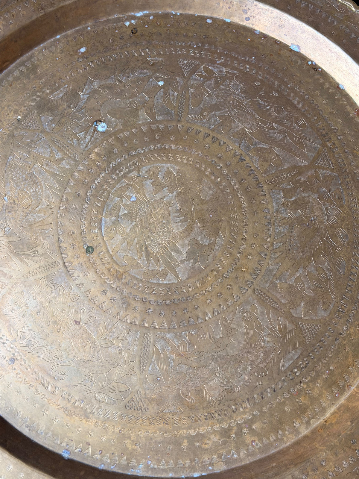 Mid Century Asian Engraved Brass Tray Table Folding Spider Leg Base Birds 30 in