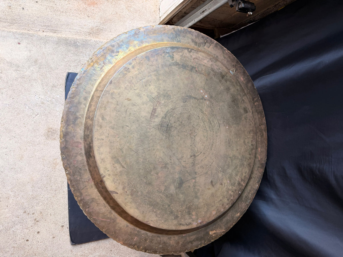 Mid Century Asian Engraved Brass Tray Table Folding Spider Leg Base Birds 30 in