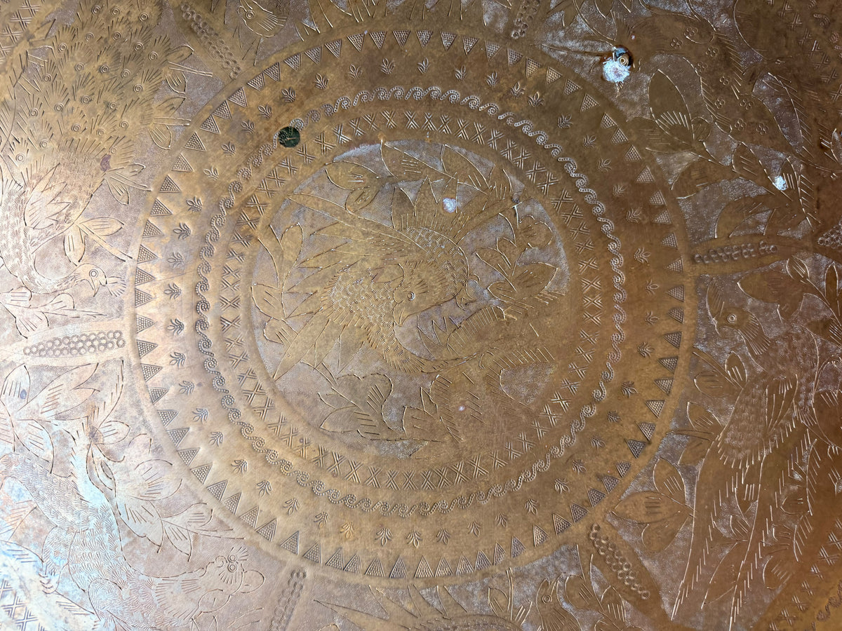 Mid Century Asian Engraved Brass Tray Table Folding Spider Leg Base Birds 30 in