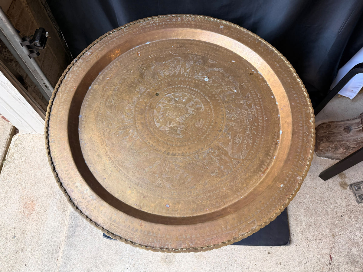 Mid Century Asian Engraved Brass Tray Table Folding Spider Leg Base Birds 30 in