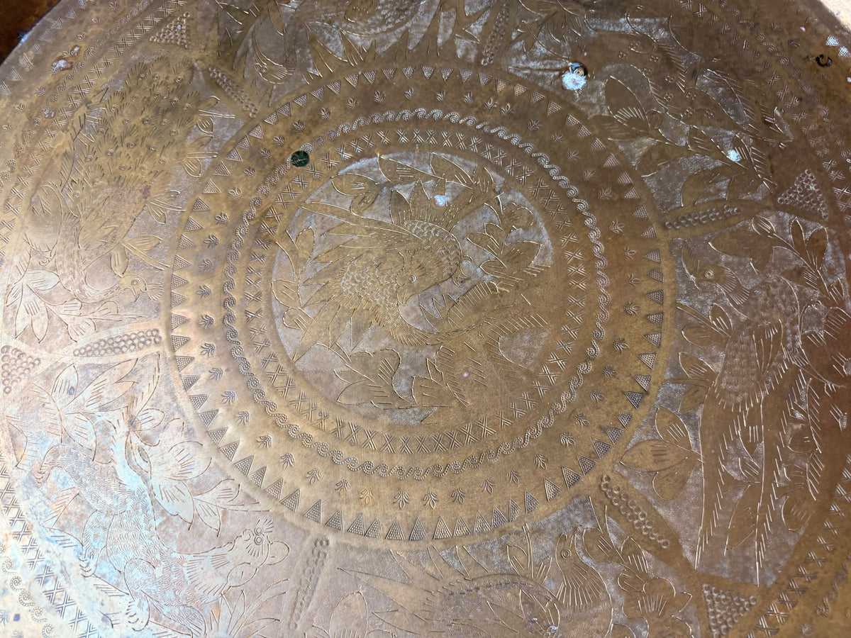 Mid Century Asian Engraved Brass Tray Table Folding Spider Leg Base Birds 30 in