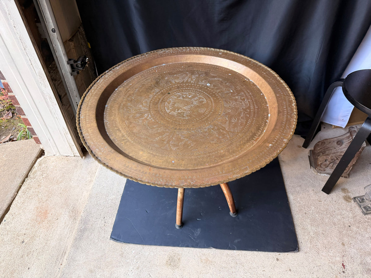 Mid Century Asian Engraved Brass Tray Table Folding Spider Leg Base Birds 30 in