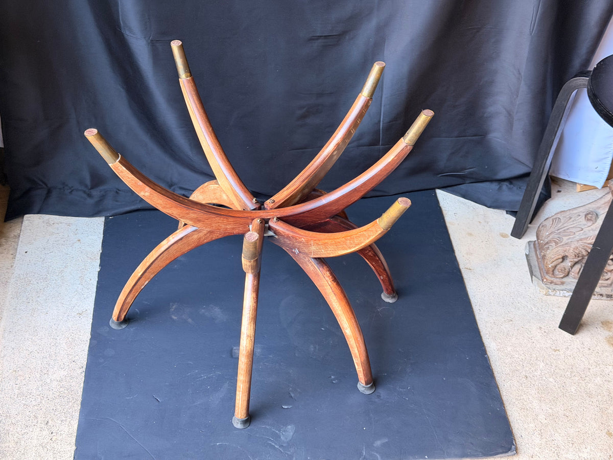 Mid Century Asian Engraved Brass Tray Table Folding Spider Leg Base Birds 30 in
