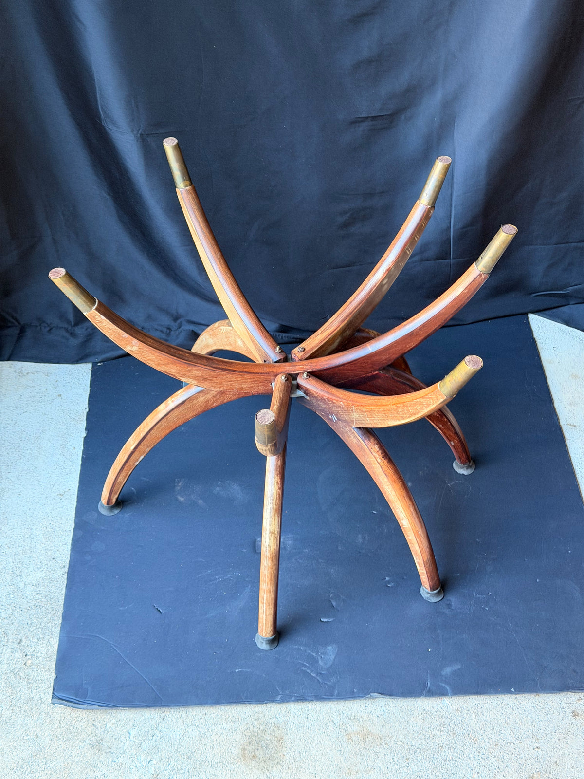 Mid Century Asian Engraved Brass Tray Table Folding Spider Leg Base Birds 30 in