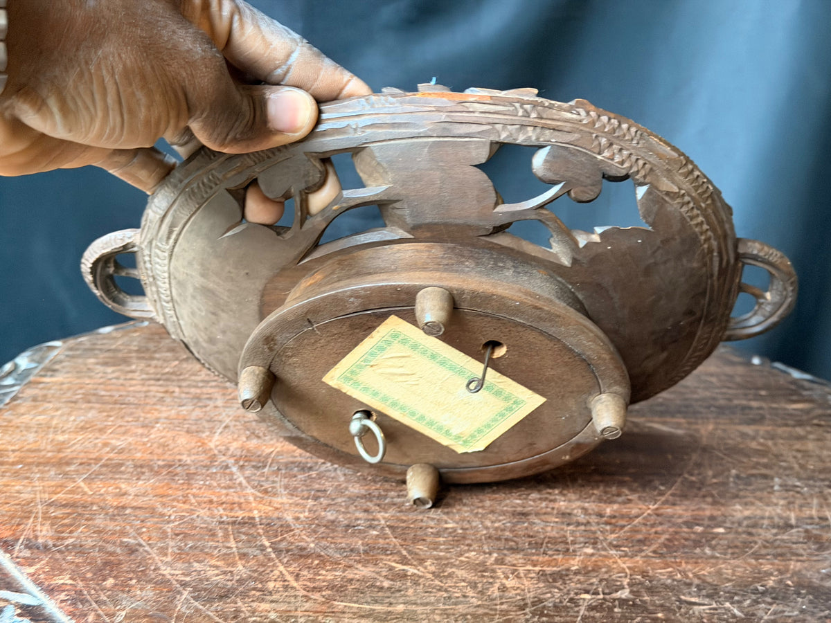 Vintage Carved Wood Musical Fruit Bowl Grape Vine Leaf Music Box As Is 12 in