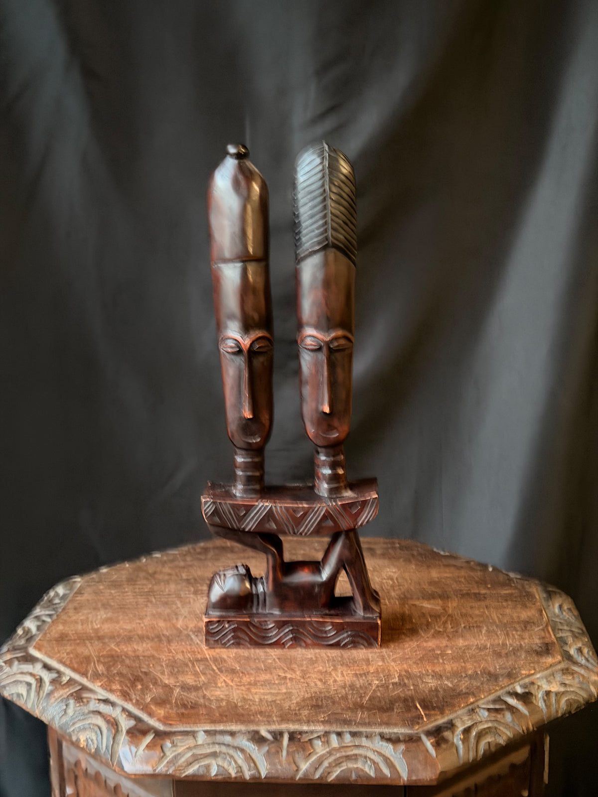 Vintage Akan Ghana Hand Carved Wood Two Heads on Stool Caryatid Sculpture 15 in