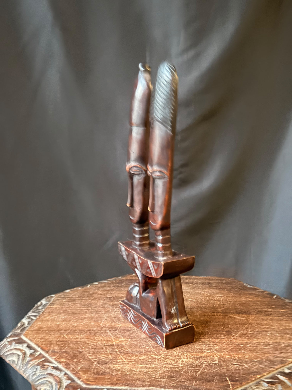 Vintage Akan Ghana Hand Carved Wood Two Heads on Stool Caryatid Sculpture 15 in