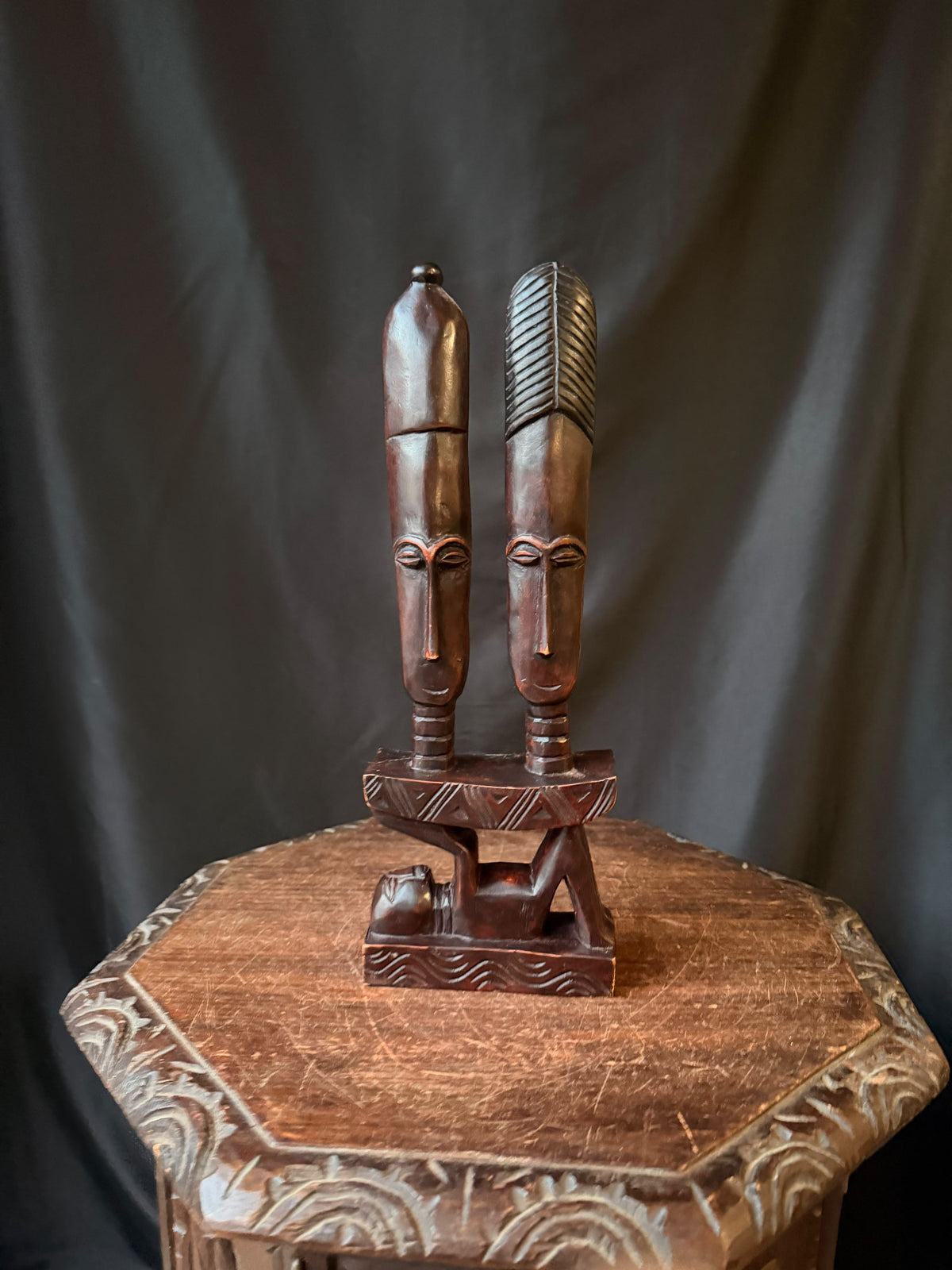Vintage Akan Ghana Hand Carved Wood Two Heads on Stool Caryatid Sculpture 15 in
