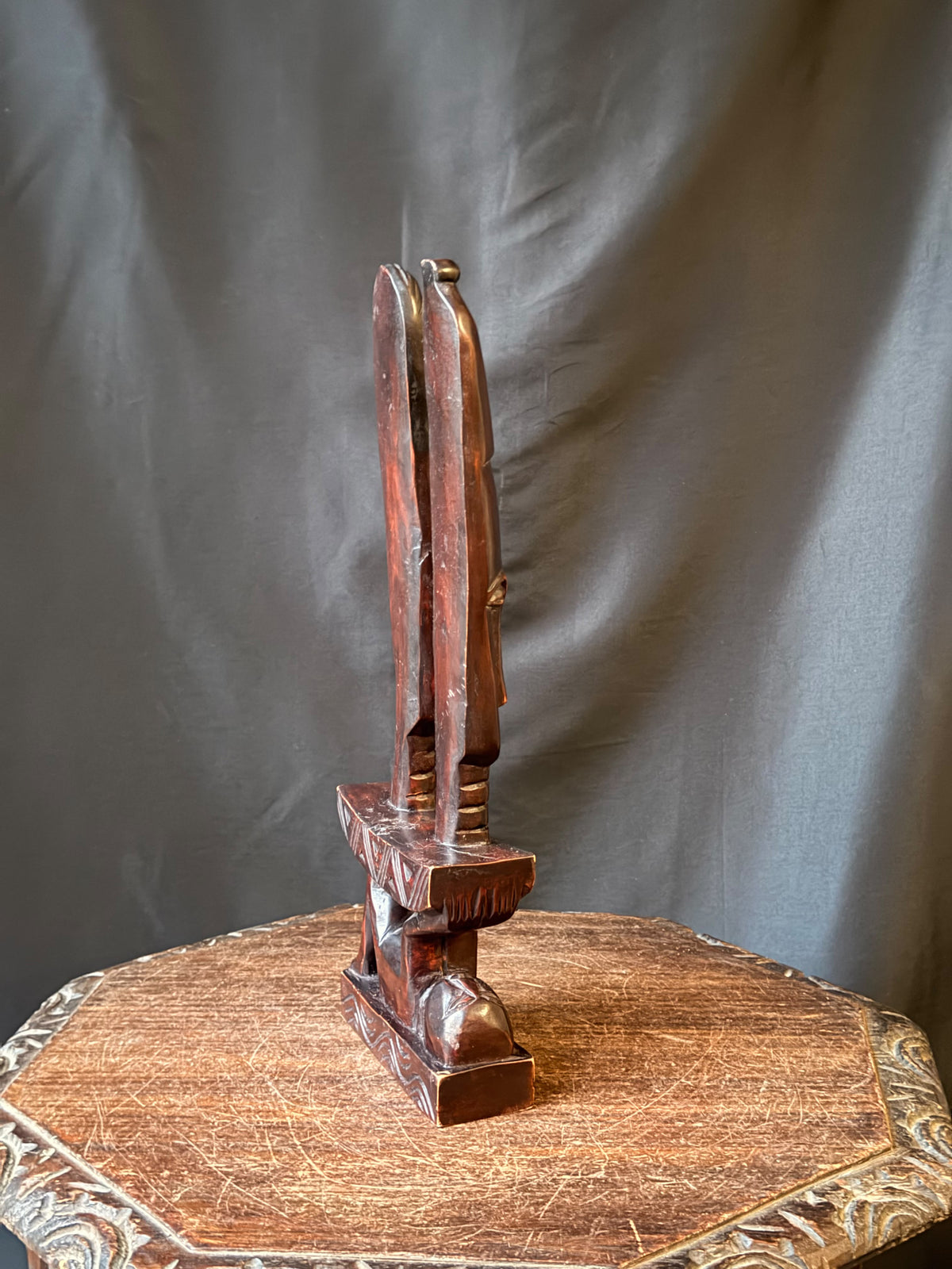 Vintage Akan Ghana Hand Carved Wood Two Heads on Stool Caryatid Sculpture 15 in