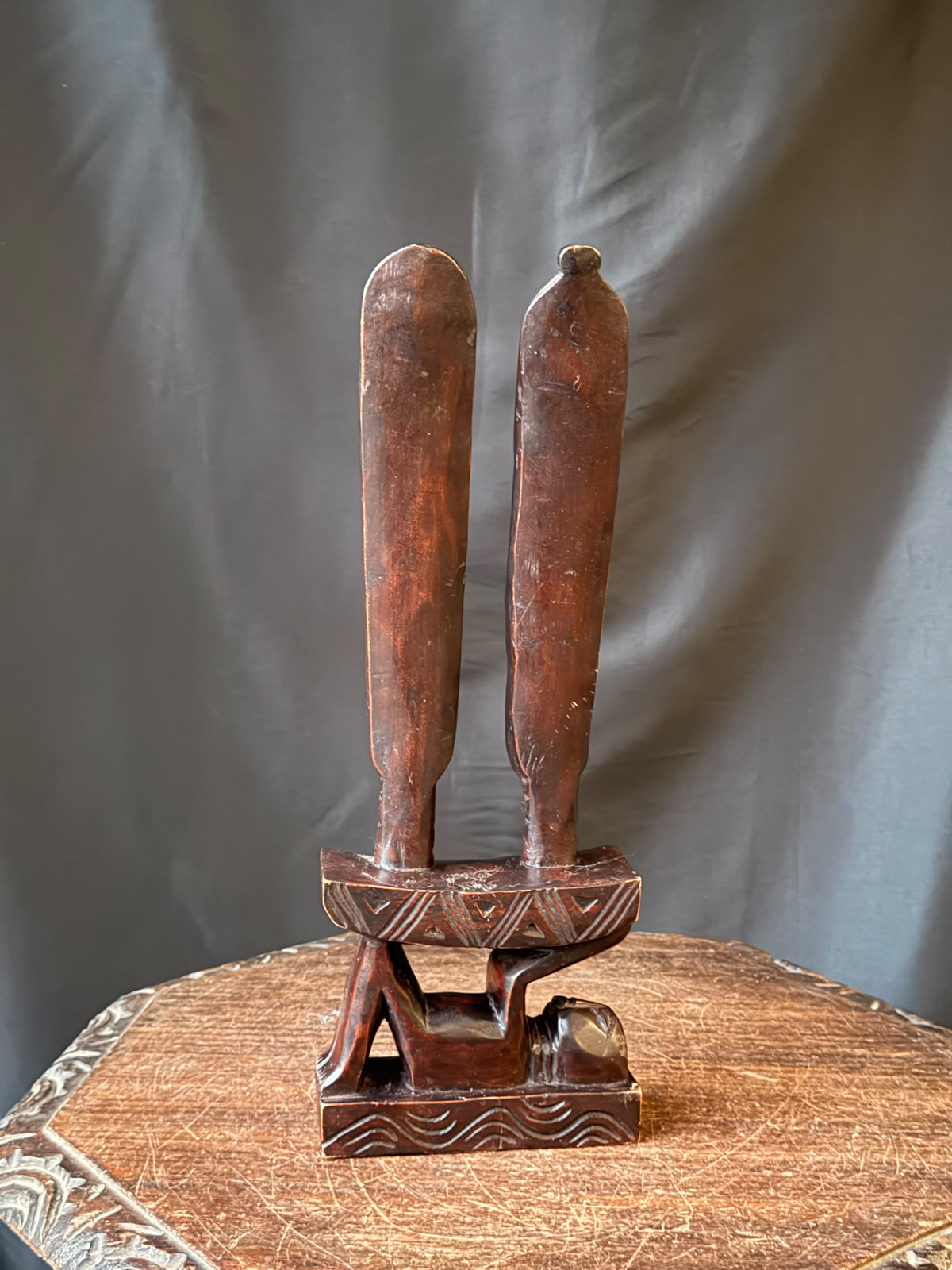 Vintage Akan Ghana Hand Carved Wood Two Heads on Stool Caryatid Sculpture 15 in