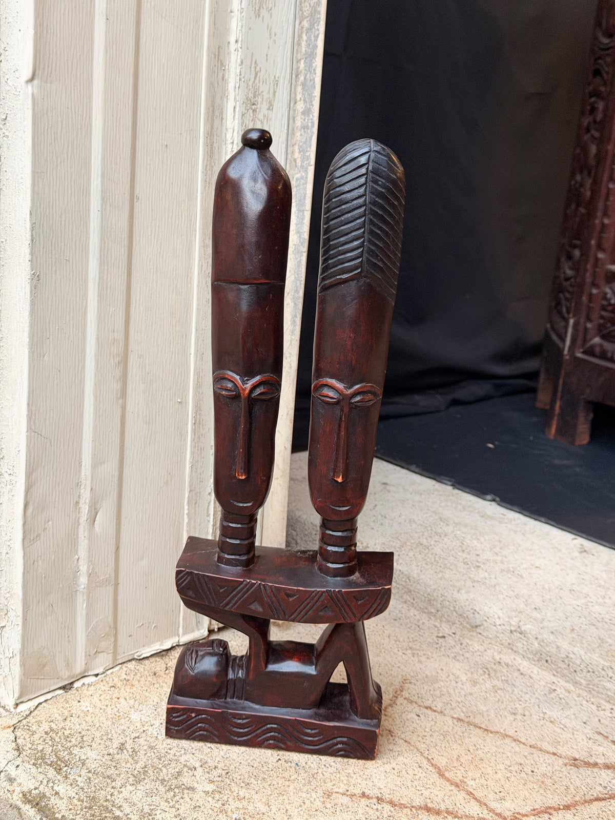 Vintage Akan Ghana Hand Carved Wood Two Heads on Stool Caryatid Sculpture 15 in