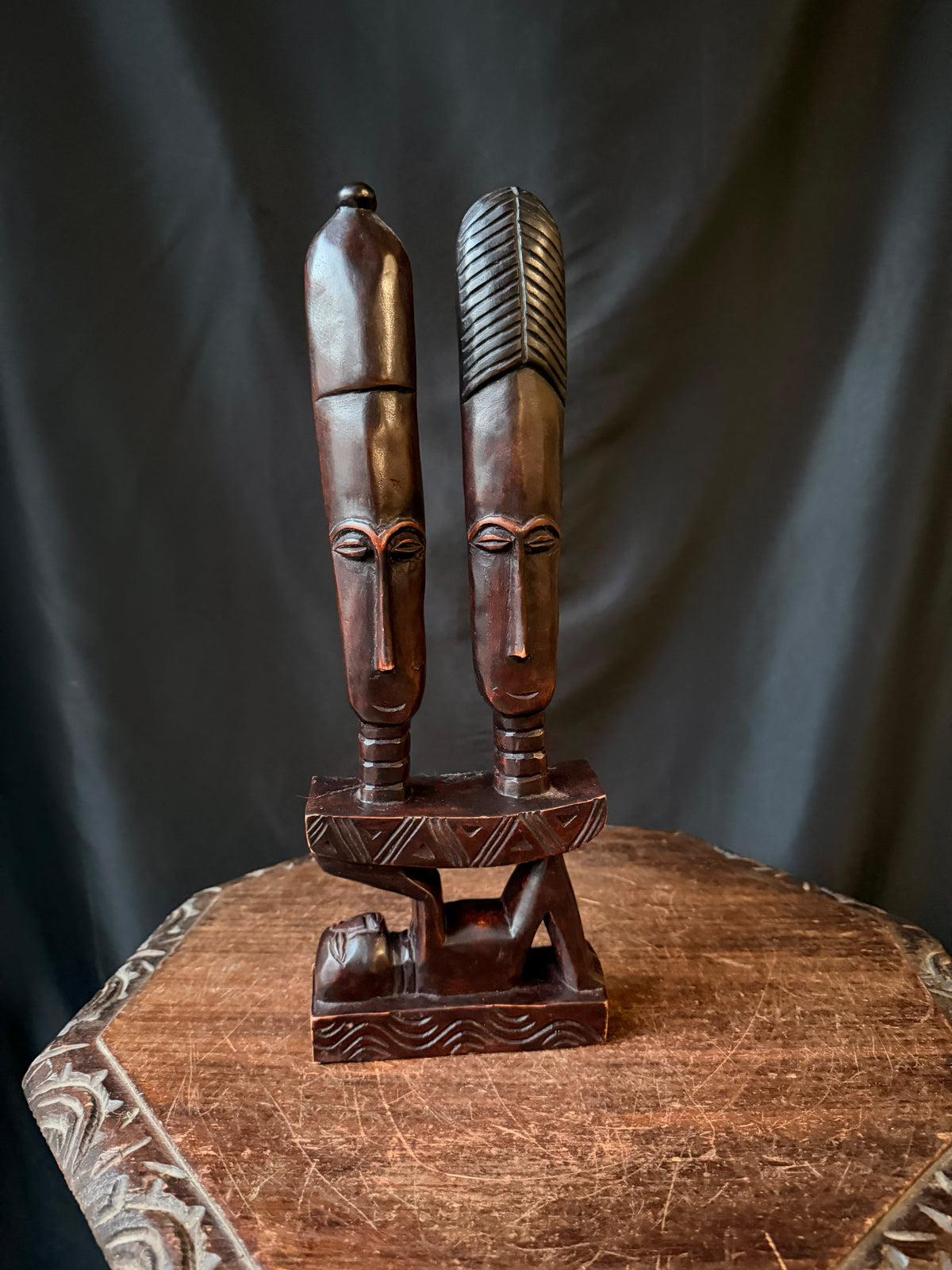 Vintage Akan Ghana Hand Carved Wood Two Heads on Stool Caryatid Sculpture 15 in