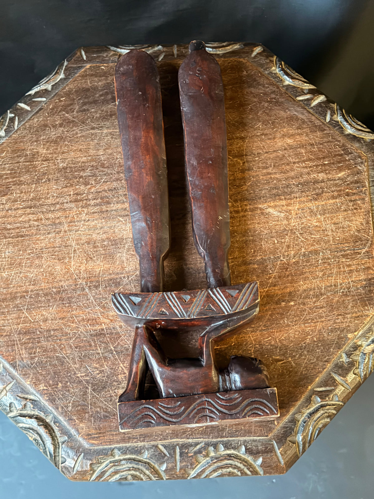 Vintage Akan Ghana Hand Carved Wood Two Heads on Stool Caryatid Sculpture 15 in