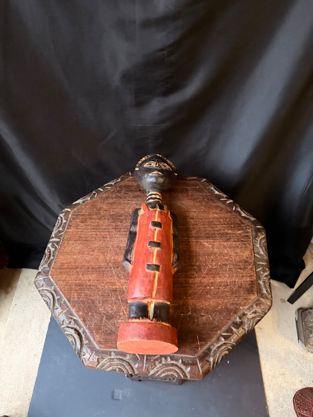 Vintage Akan Ghana Hand Carved Painted Wood Female Figure Red Dress 18 in
