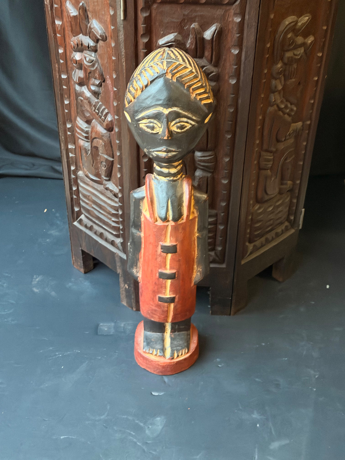 Vintage Akan Ghana Hand Carved Painted Wood Female Figure Red Dress 18 in