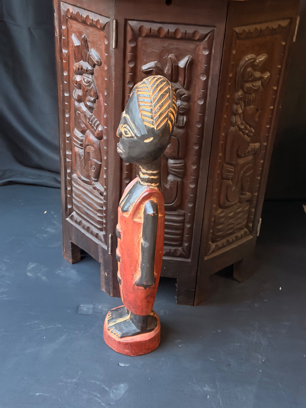 Vintage Akan Ghana Hand Carved Painted Wood Female Figure Red Dress 18 in