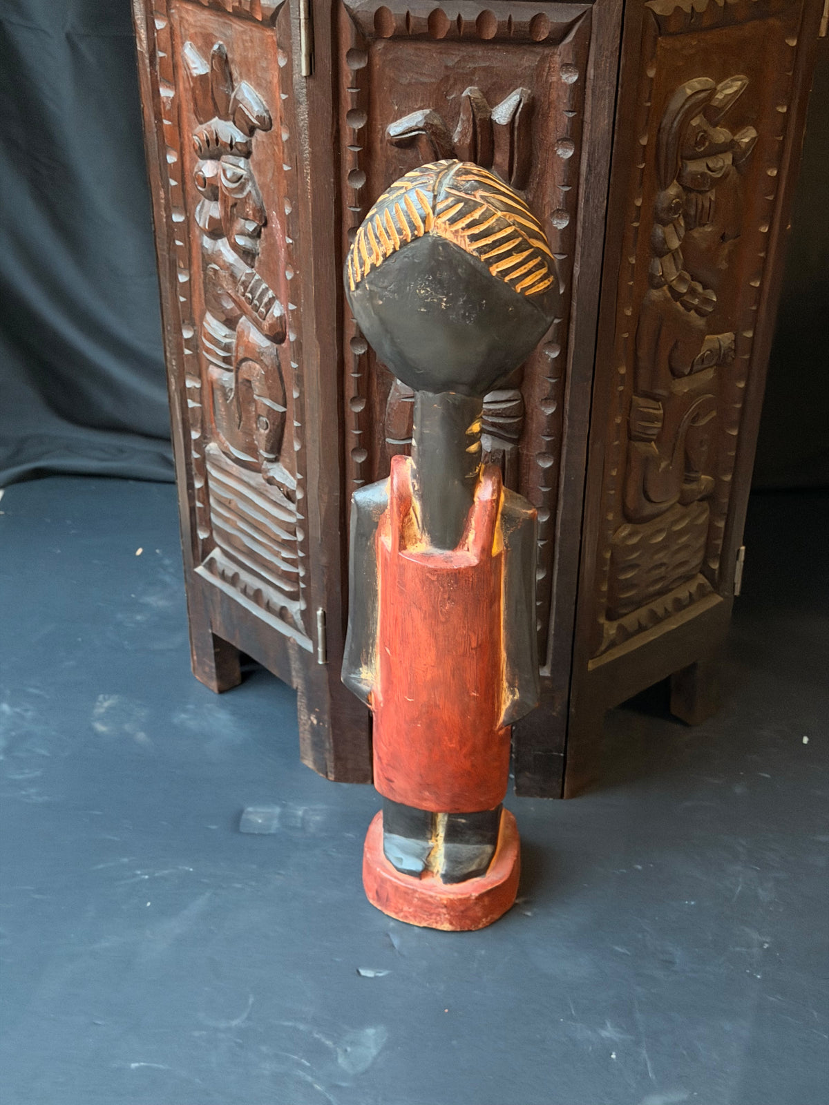 Vintage Akan Ghana Hand Carved Painted Wood Female Figure Red Dress 18 in