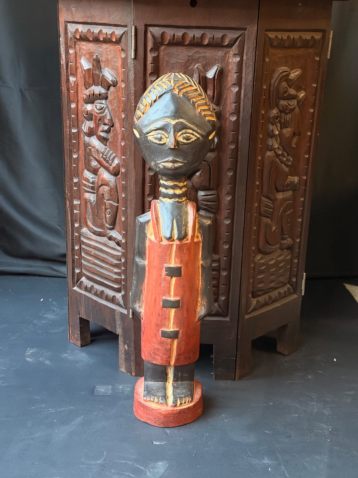 Vintage Akan Ghana Hand Carved Painted Wood Female Figure Red Dress 18 in