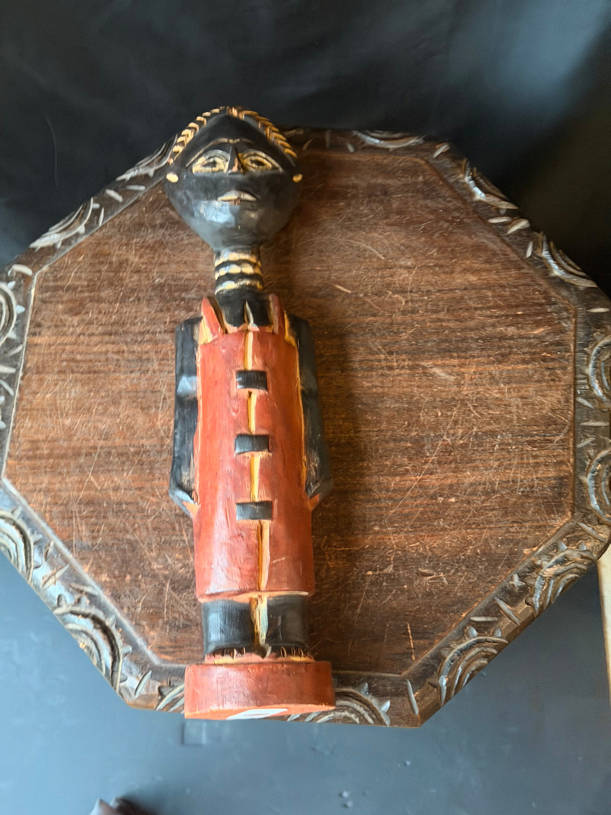 Vintage Akan Ghana Hand Carved Painted Wood Female Figure Red Dress 18 in