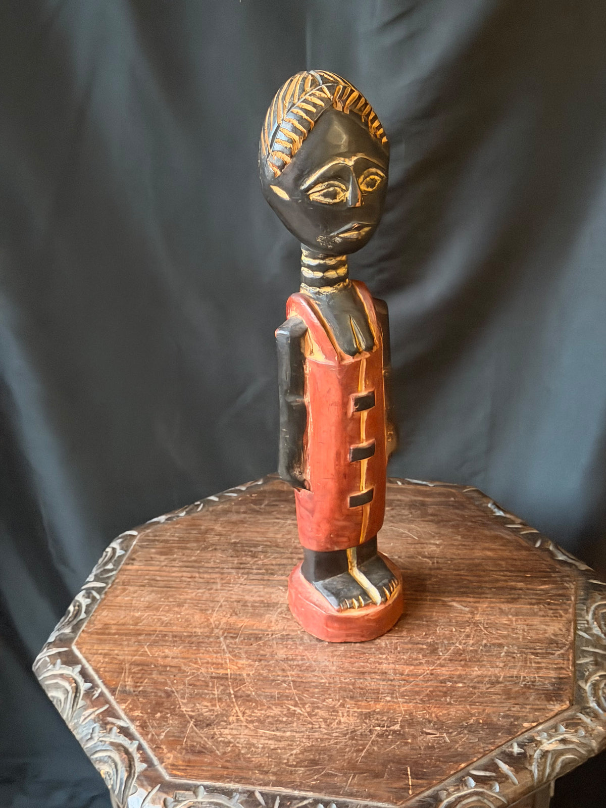 Vintage Akan Ghana Hand Carved Painted Wood Female Figure Red Dress 18 in