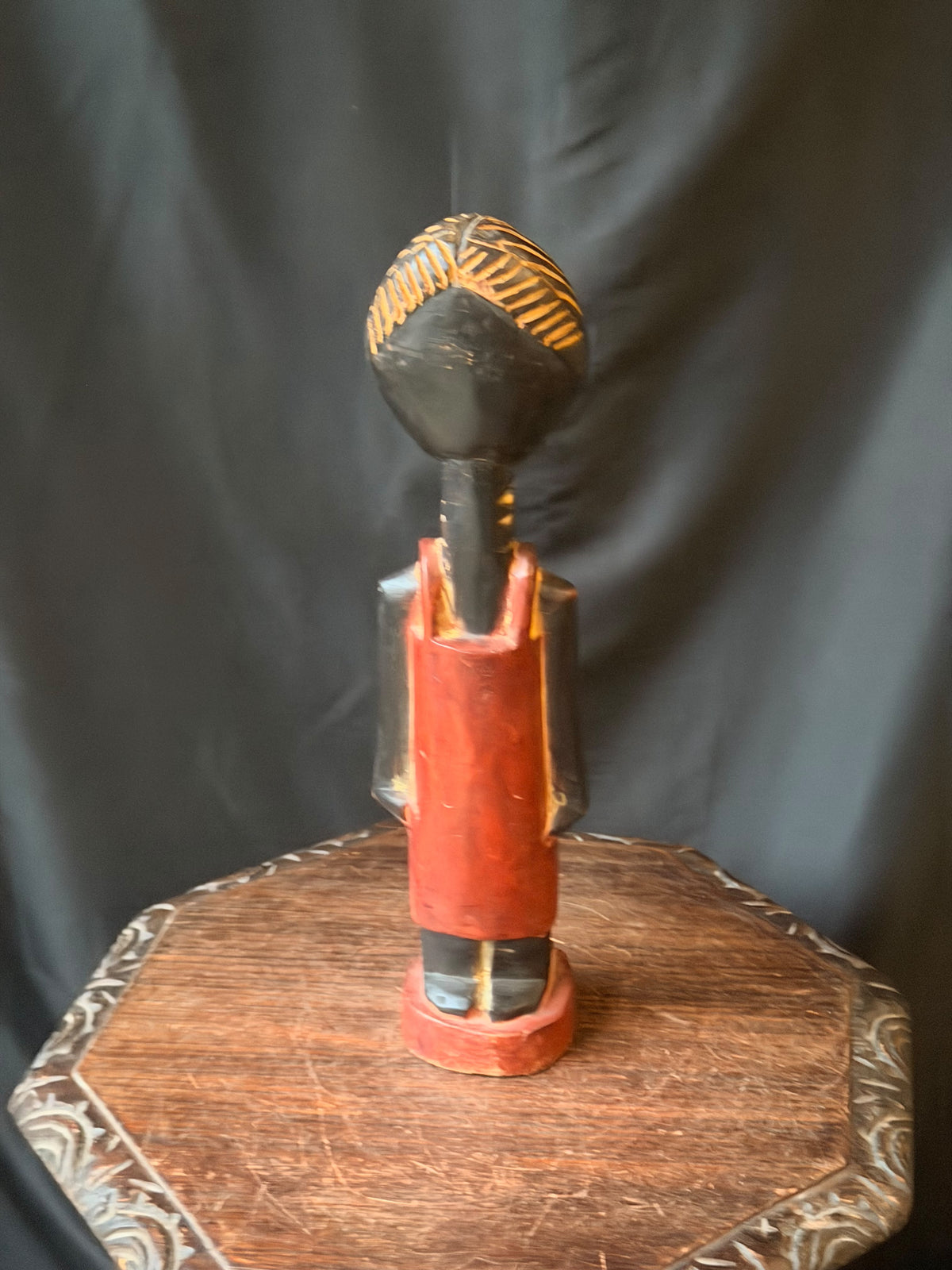 Vintage Akan Ghana Hand Carved Painted Wood Female Figure Red Dress 18 in