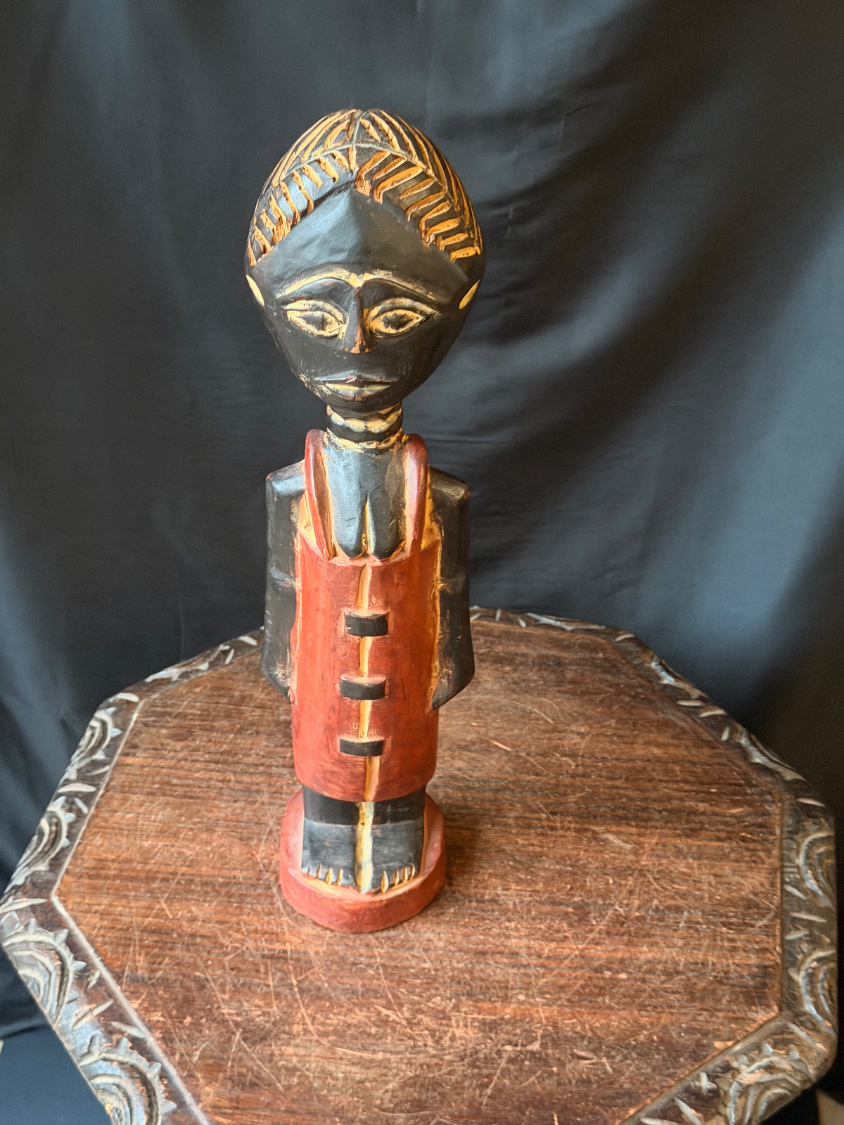 Vintage Akan Ghana Hand Carved Painted Wood Female Figure Red Dress 18 in
