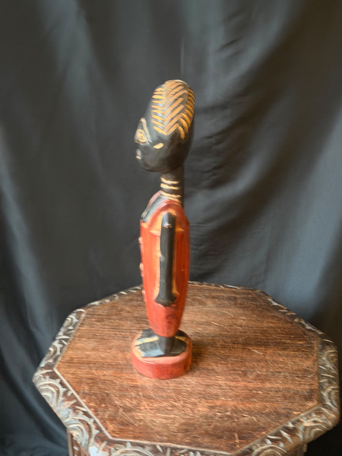 Vintage Akan Ghana Hand Carved Painted Wood Female Figure Red Dress 18 in