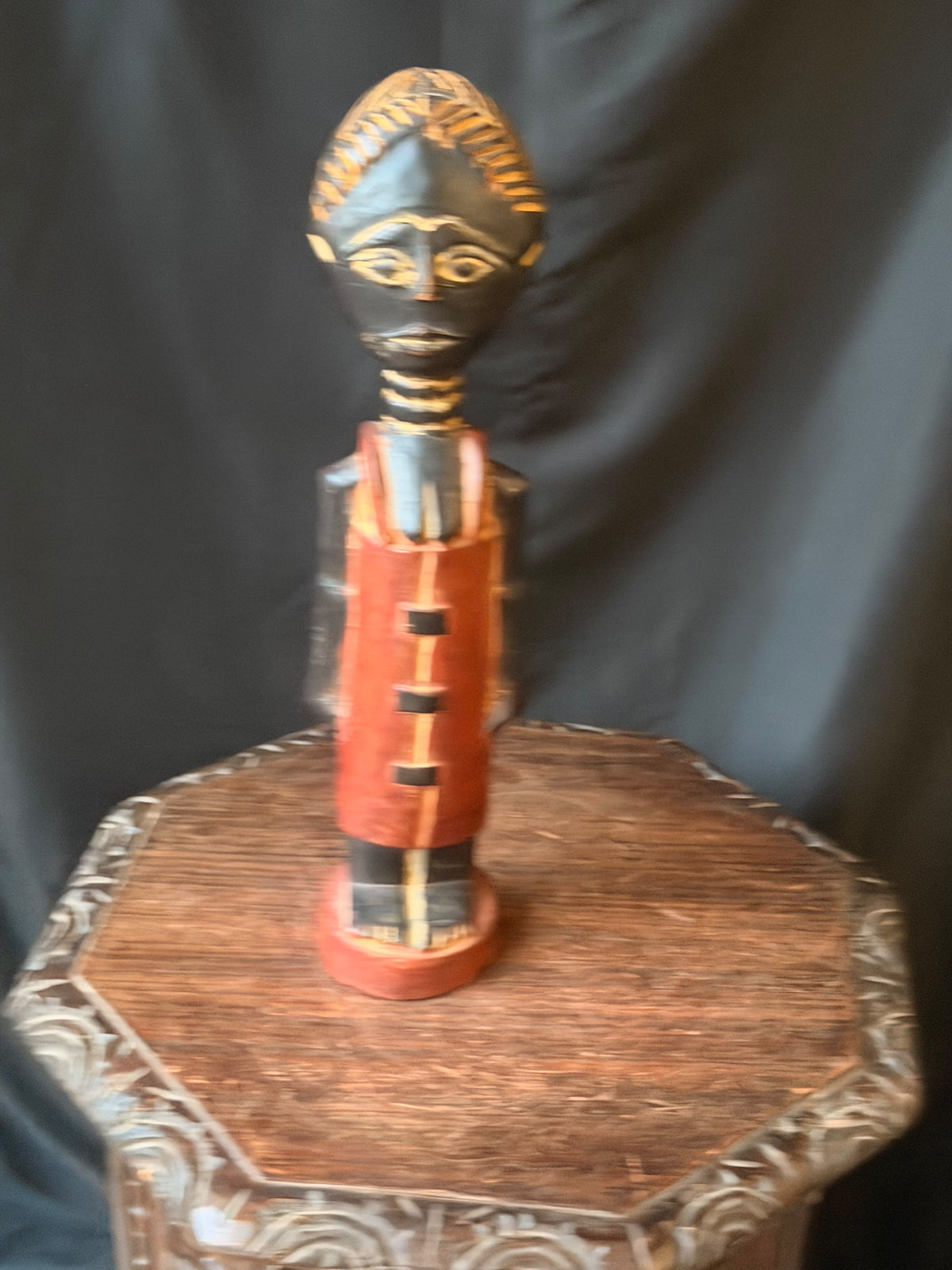 Vintage Akan Ghana Hand Carved Painted Wood Female Figure Red Dress 18 in