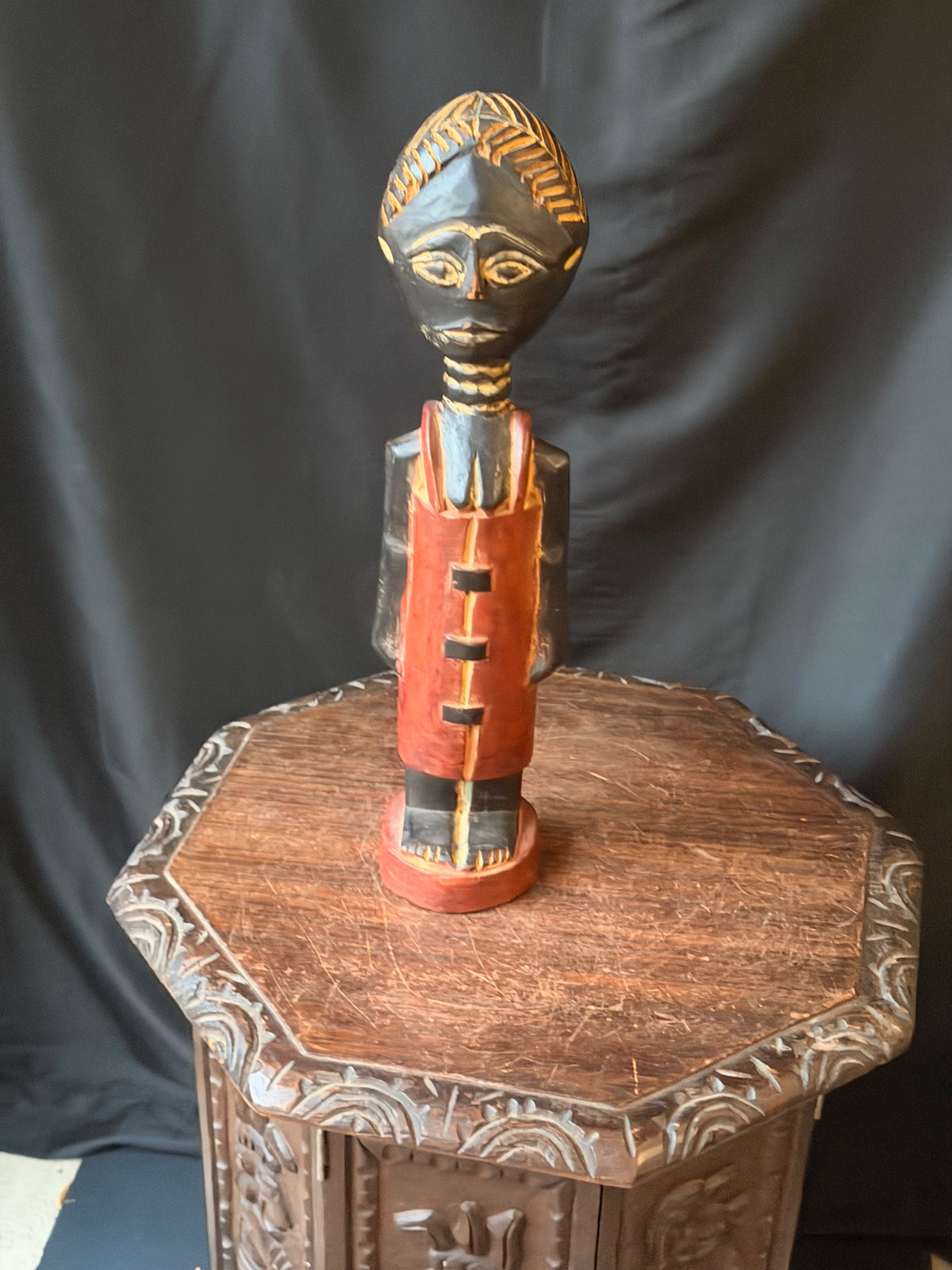 Vintage Akan Ghana Hand Carved Painted Wood Female Figure Red Dress 18 in