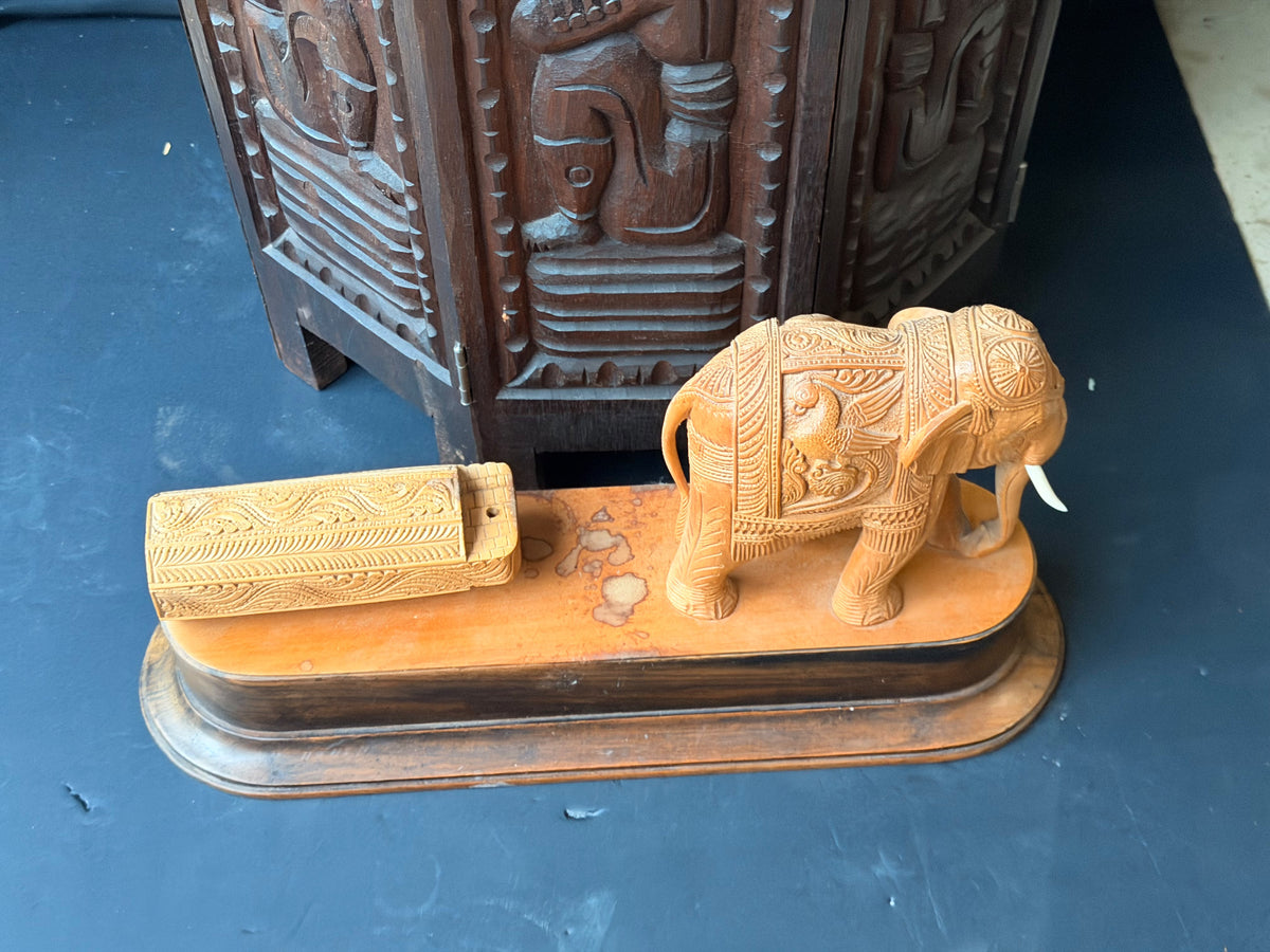 Vintage Indian Mysore Hand Carved Elephant Pulling Log Sculpture on Base 17.6 in