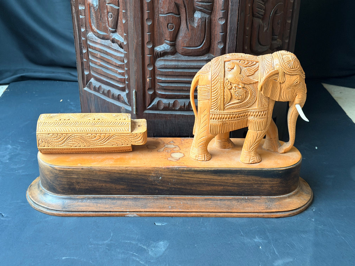 Vintage Indian Mysore Hand Carved Elephant Pulling Log Sculpture on Base 17.6 in