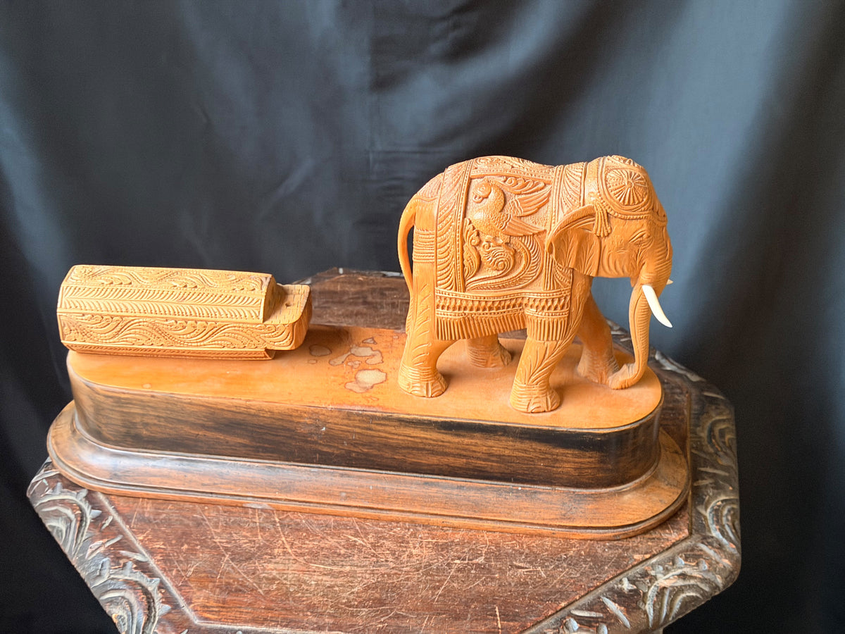 Vintage Indian Mysore Hand Carved Elephant Pulling Log Sculpture on Base 17.6 in