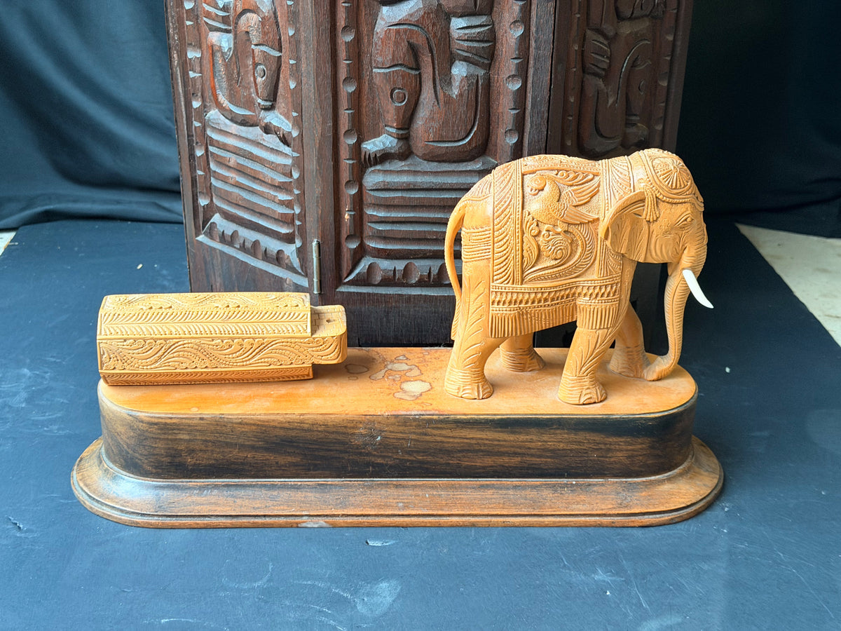 Vintage Indian Mysore Hand Carved Elephant Pulling Log Sculpture on Base 17.6 in