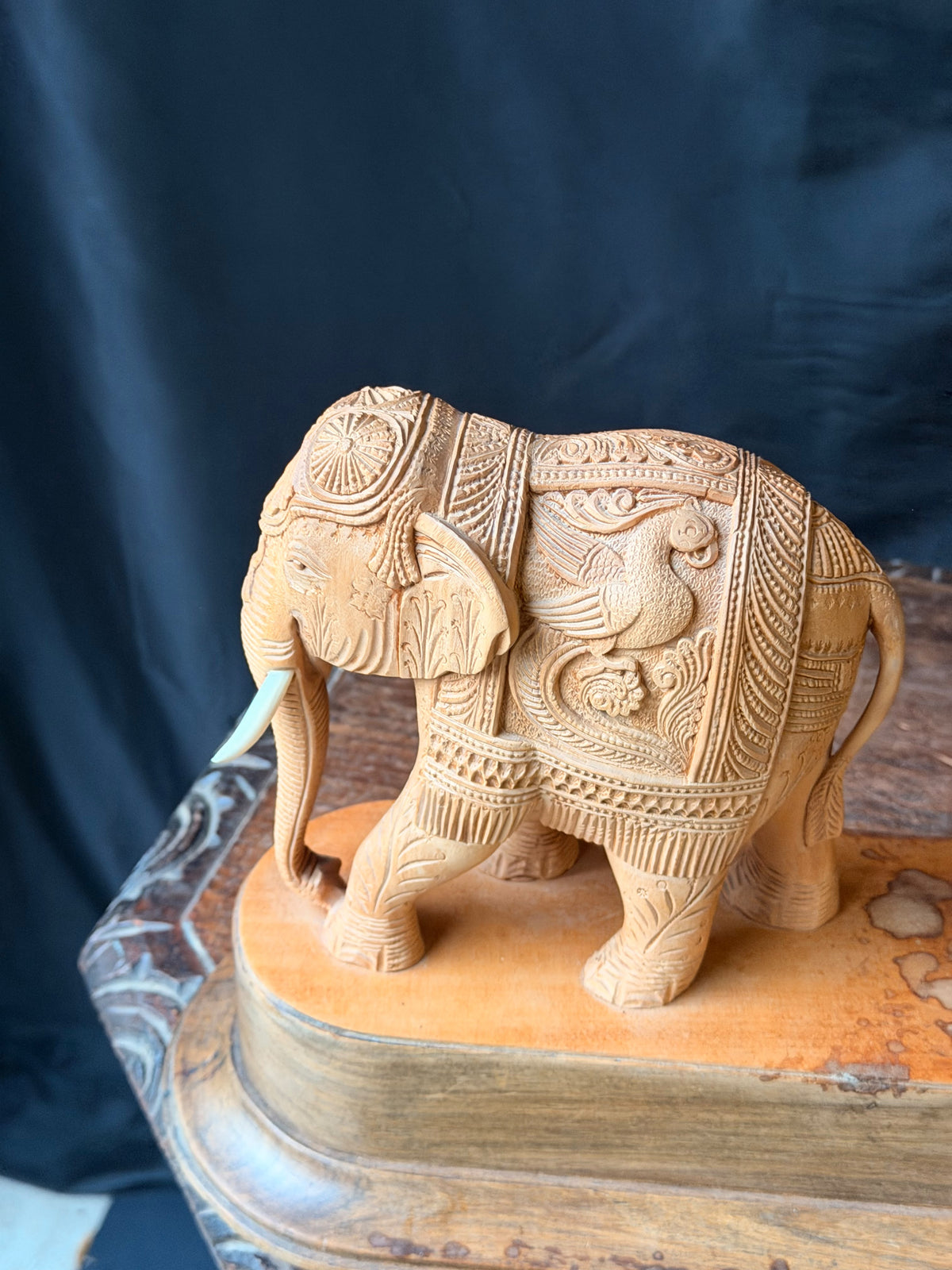 Vintage Indian Mysore Hand Carved Elephant Pulling Log Sculpture on Base 17.6 in