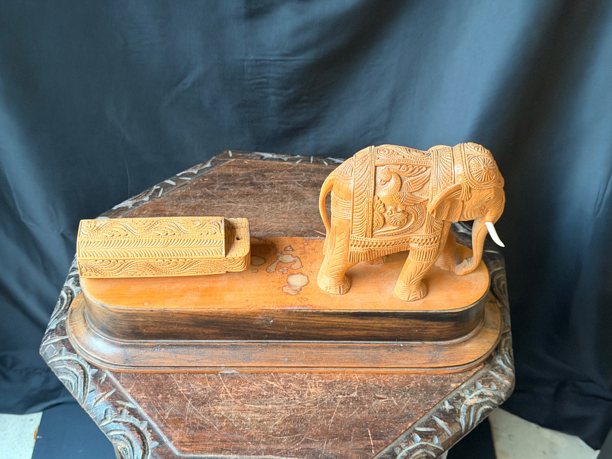Vintage Indian Mysore Hand Carved Elephant Pulling Log Sculpture on Base 17.6 in