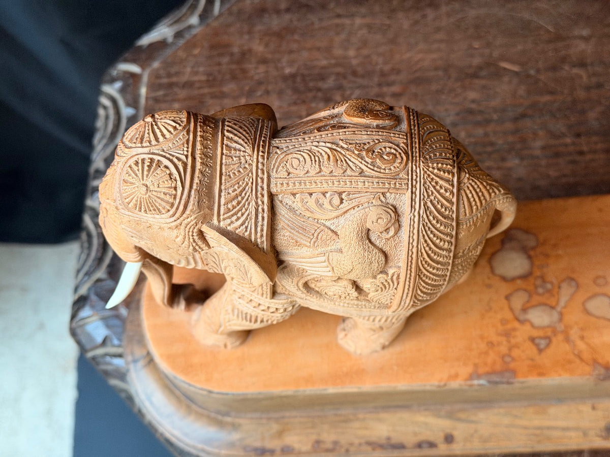 Vintage Indian Mysore Hand Carved Elephant Pulling Log Sculpture on Base 17.6 in
