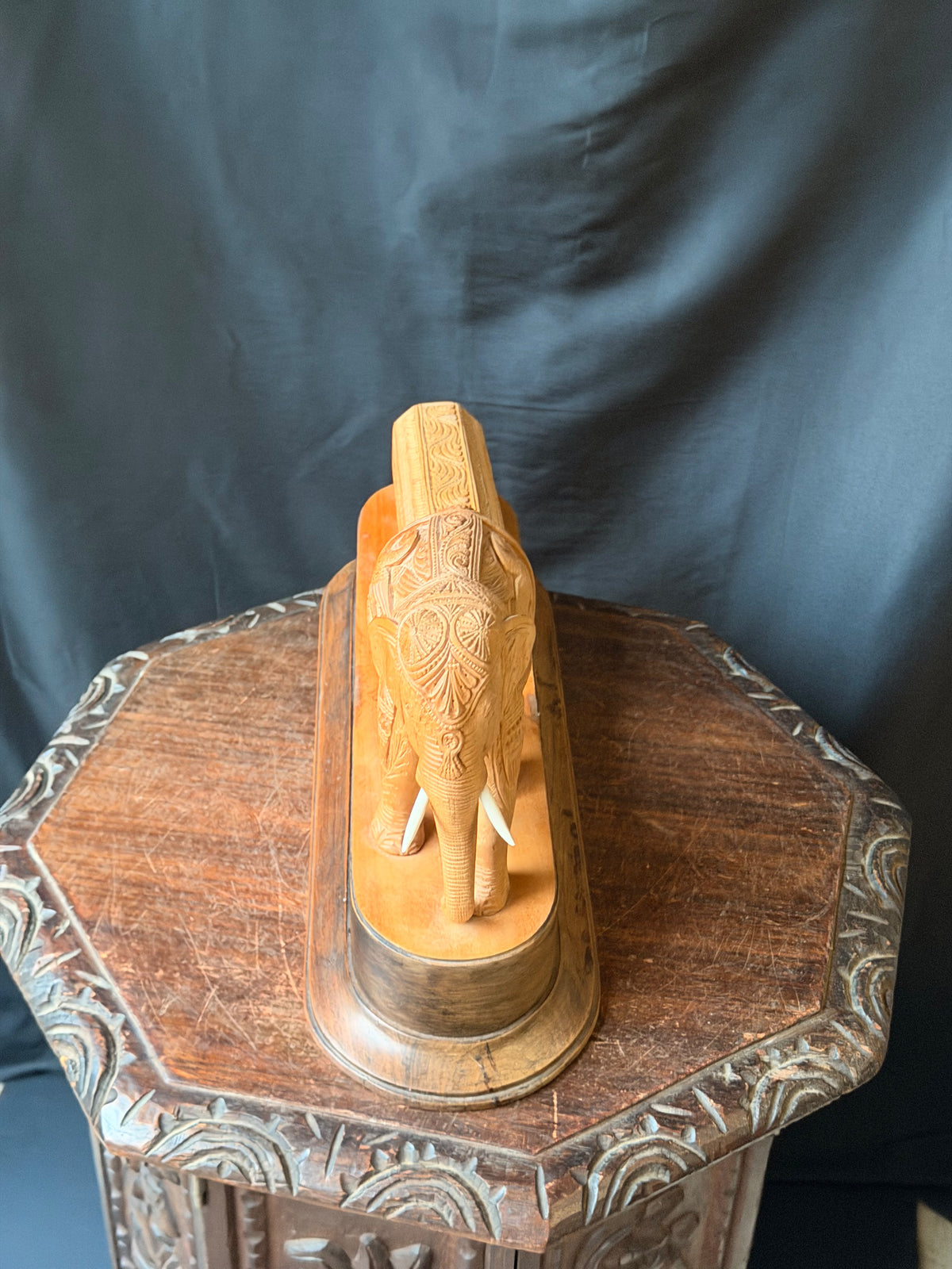 Vintage Indian Mysore Hand Carved Elephant Pulling Log Sculpture on Base 17.6 in