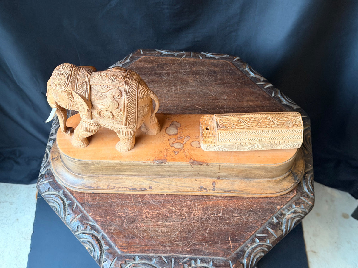 Vintage Indian Mysore Hand Carved Elephant Pulling Log Sculpture on Base 17.6 in