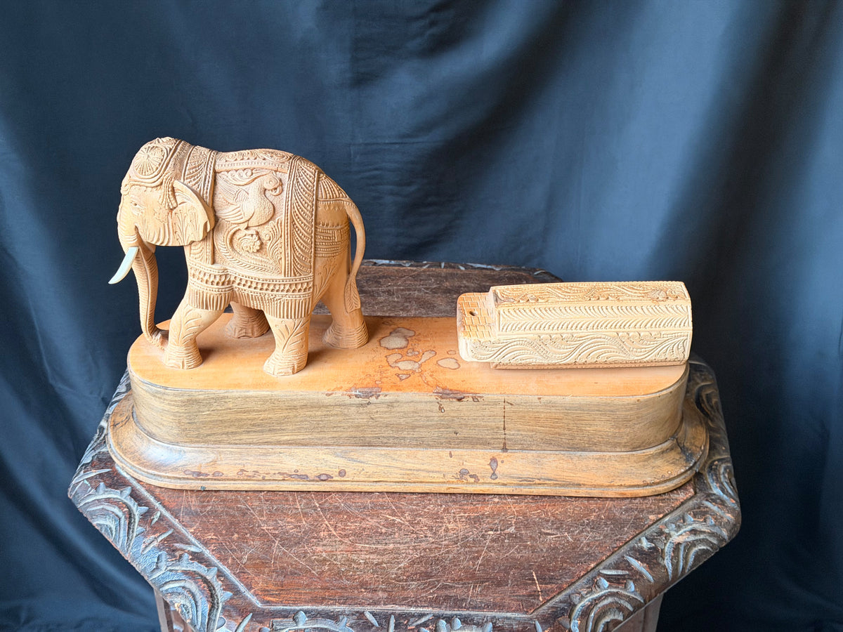 Vintage Indian Mysore Hand Carved Elephant Pulling Log Sculpture on Base 17.6 in