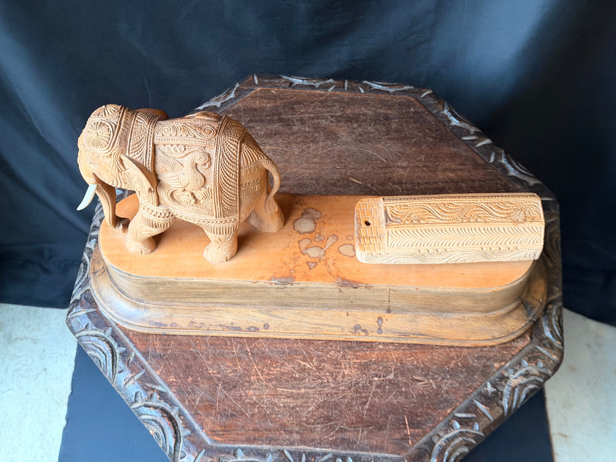 Vintage Indian Mysore Hand Carved Elephant Pulling Log Sculpture on Base 17.6 in