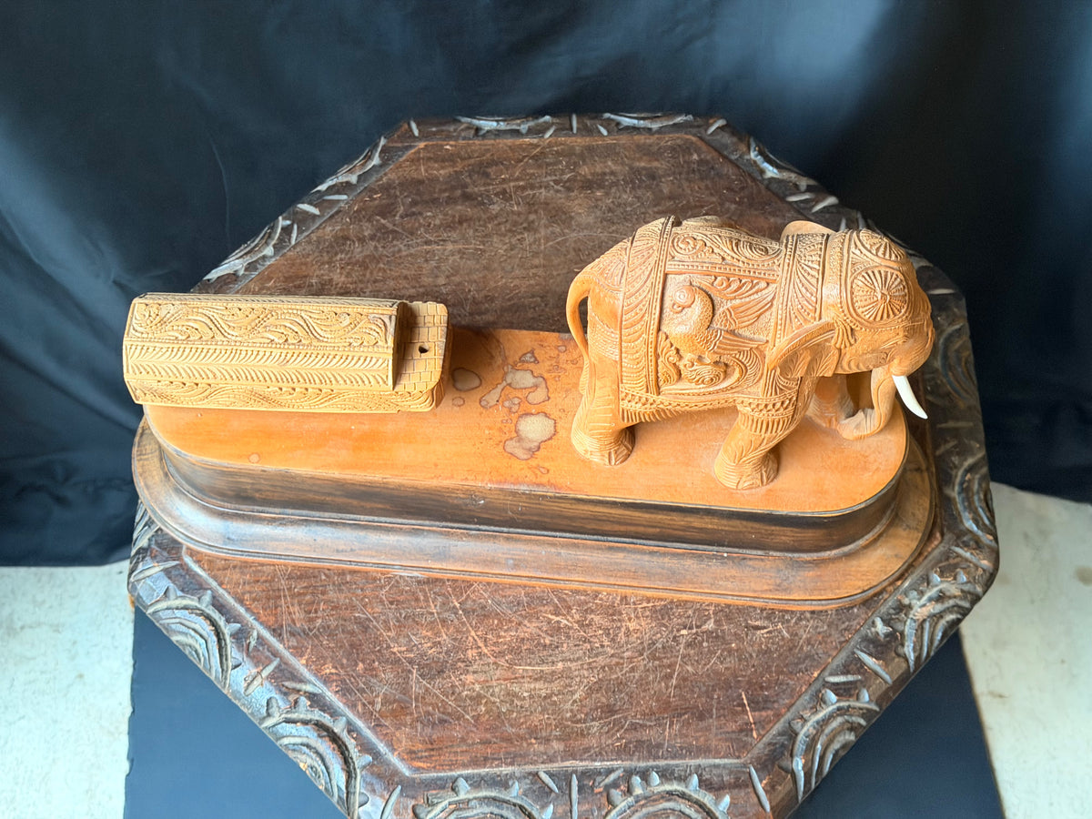 Vintage Indian Mysore Hand Carved Elephant Pulling Log Sculpture on Base 17.6 in